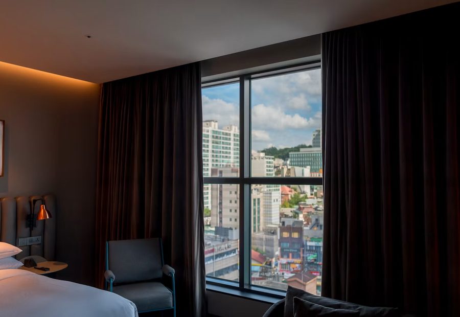 Hotel room with city view